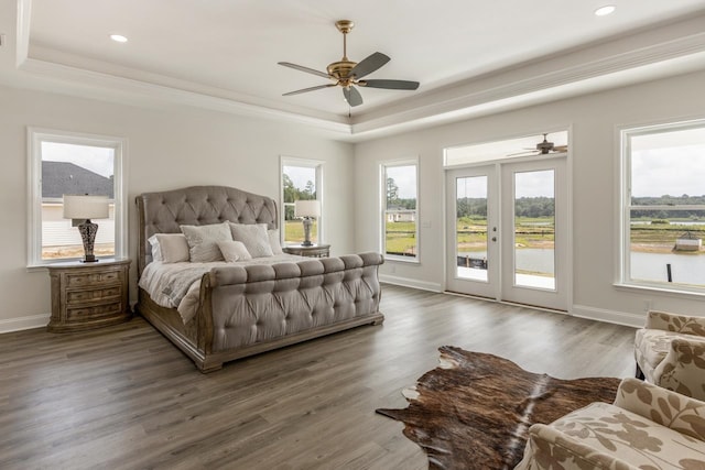 bedroom with baseboards, access to outside, a tray ceiling, and dark wood-type flooring