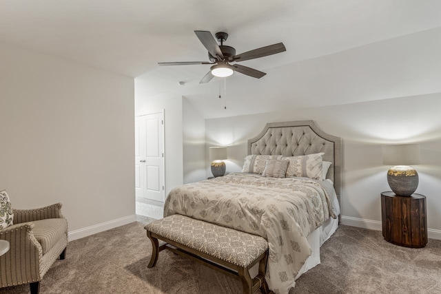 bedroom featuring ceiling fan, baseboards, vaulted ceiling, and light colored carpet