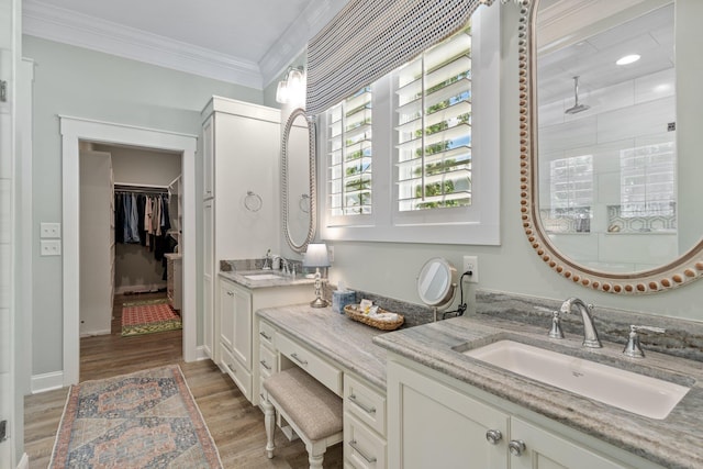 2845 NE Cherry Lake Cir, Pinetta Madison County, FL 32350 - bathroom with wood finished floors, ornamental molding, vanity, a walk in shower, and a spacious closet