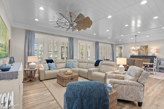 2845 NE Cherry Lake Cir, Pinetta Madison County, FL 32350 - living room featuring light wood-type flooring, ornamental molding, recessed lighting, wood ceiling, and ceiling fan