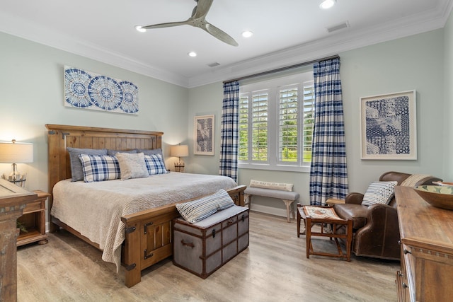 2845 NE Cherry Lake Cir, Pinetta Madison County, FL 32350 - bedroom featuring crown molding, light wood finished floors, recessed lighting, ceiling fan, and baseboards