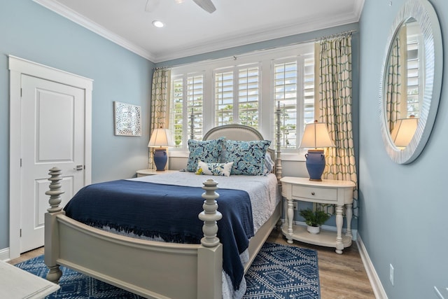 2845 NE Cherry Lake Cir, Pinetta Madison County, FL 32350 - bedroom featuring baseboards, crown molding, wood finished floors, ceiling fan, and recessed lighting