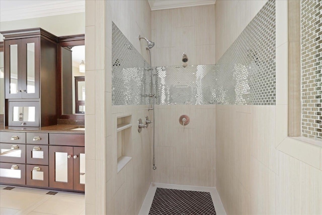 3621 Moody Trl, Tallahassee, FL 32309 - bathroom featuring ornamental molding, a walk in shower, vanity, and tile patterned floors