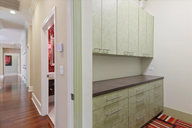 3621 Moody Trl, Tallahassee, FL 32309 - corridor with crown molding, dark wood-style flooring, baseboards, and recessed lighting