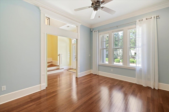3621 Moody Trl, Tallahassee, FL 32309 - unfurnished room featuring crown molding, wood finished floors, stairs, a ceiling fan, and baseboards