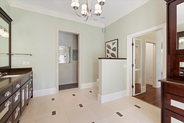 3621 Moody Trl, Tallahassee, FL 32309 - bathroom featuring a chandelier, vanity, toilet, ornamental molding, and walk in shower