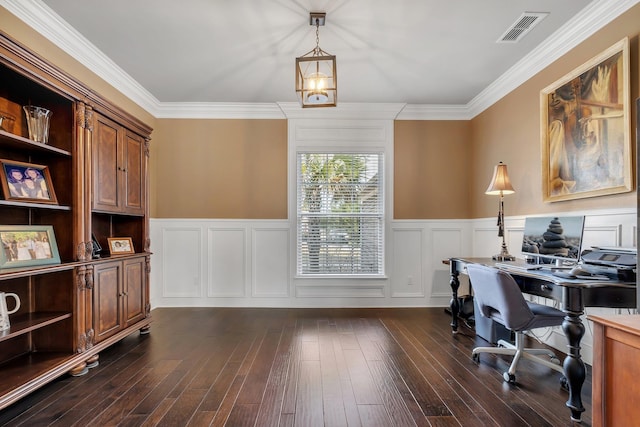 home office featuring dark hardwood / wood-style flooring and ornamental molding