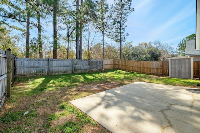 view of yard with an outbuilding, a fenced backyard, a patio, and a storage shed