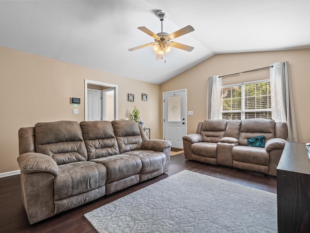 100 Ej Stringer Rd, Crawfordville, FL 32327 - living area with ceiling fan, dark wood finished floors, and vaulted ceiling