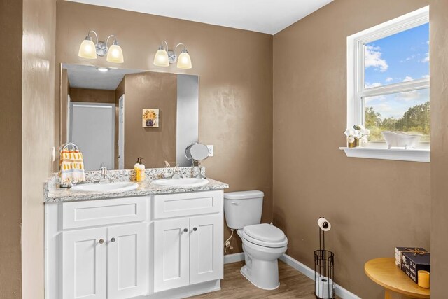 bathroom featuring wood-type flooring, vanity, and toilet