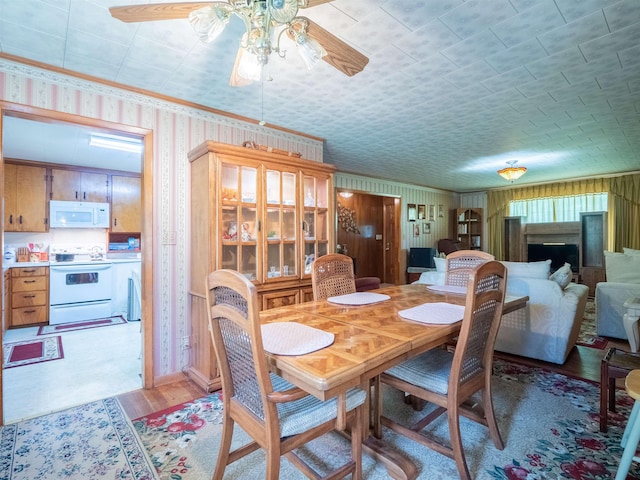 3364 NW 66th Blvd, Jennings, FL 32053 - dining room with ceiling fan, wallpapered walls, light wood-style floors, ornamental molding, and a fireplace