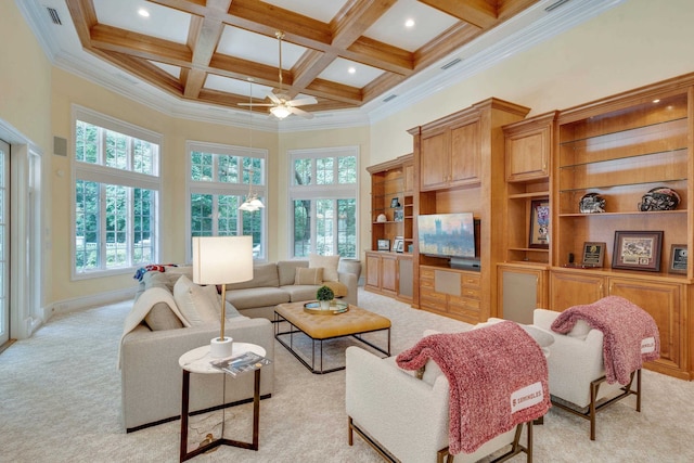 3899 W Millers Bridge Rd, Tallahassee, FL 32312 - living area featuring light colored carpet, plenty of natural light, a towering ceiling, beam ceiling, and ornamental molding