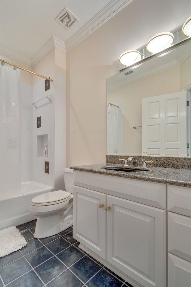3899 W Millers Bridge Rd, Tallahassee, FL 32312 - bathroom featuring vanity, ornamental molding, tile patterned flooring, and shower / bathtub combination with curtain