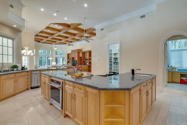 3899 W Millers Bridge Rd, Tallahassee, FL 32312 - kitchen with an island with sink, oven, coffered ceiling, a ceiling fan, and recessed lighting