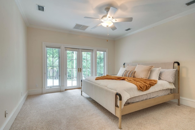 3899 W Millers Bridge Rd, Tallahassee, FL 32312 - bedroom featuring access to outside, french doors, multiple windows, light carpet, and ornamental molding