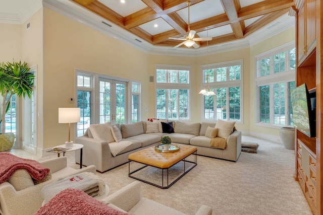 3899 W Millers Bridge Rd, Tallahassee, FL 32312 - living room featuring a towering ceiling, beam ceiling, coffered ceiling, crown molding, and light carpet
