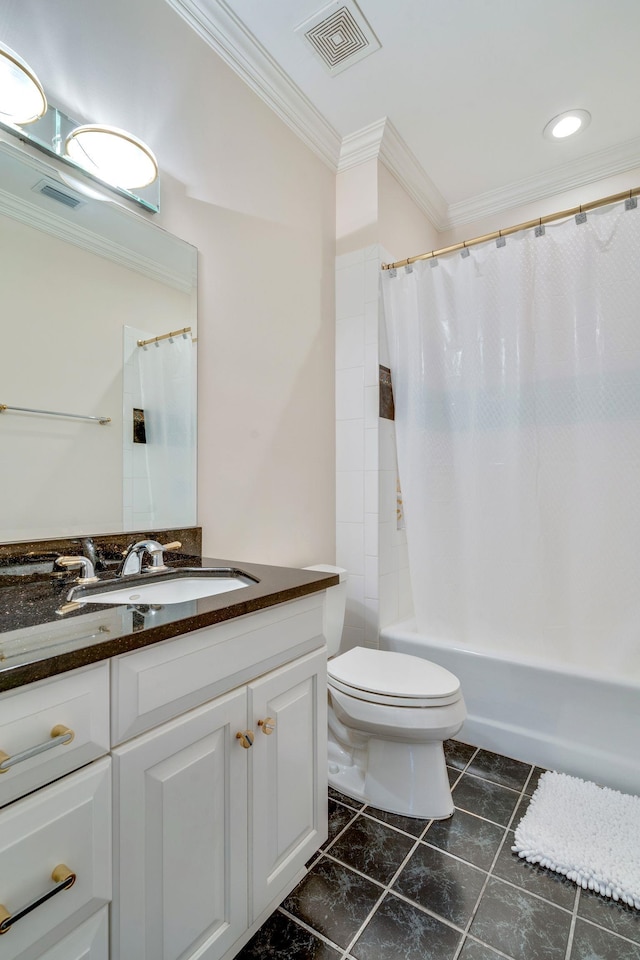 3899 W Millers Bridge Rd, Tallahassee, FL 32312 - full bath featuring crown molding, vanity, and shower / bathtub combination with curtain