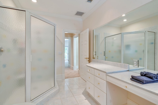 3899 W Millers Bridge Rd, Tallahassee, FL 32312 - full bathroom with a shower stall, ornamental molding, vanity, tile patterned floors, and recessed lighting
