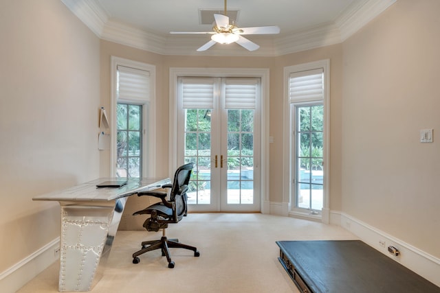 3899 W Millers Bridge Rd, Tallahassee, FL 32312 - carpeted home office featuring french doors, crown molding, and ceiling fan