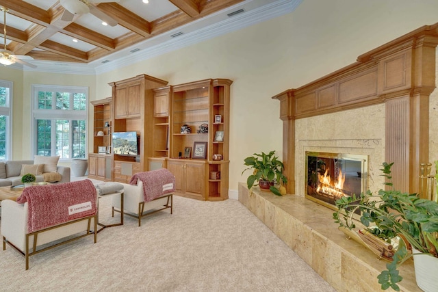 3899 W Millers Bridge Rd, Tallahassee, FL 32312 - living room with ceiling fan, a towering ceiling, beamed ceiling, light carpet, and a high end fireplace