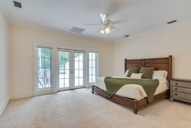 3899 W Millers Bridge Rd, Tallahassee, FL 32312 - bedroom featuring access to outside, crown molding, light colored carpet, french doors, and a ceiling fan