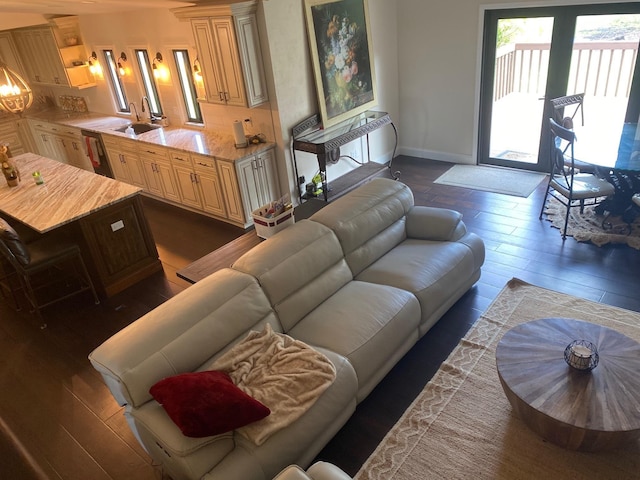 living room featuring sink and dark hardwood / wood-style floors