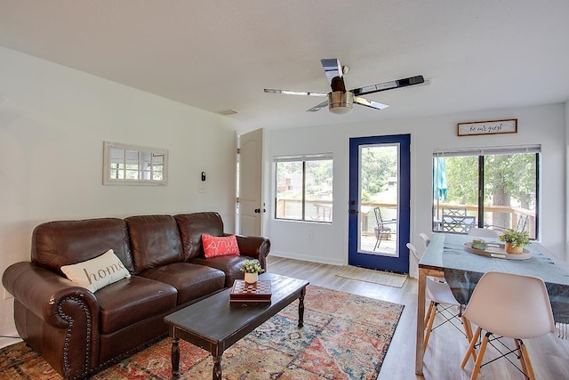 living room with ceiling fan and light hardwood / wood-style floors