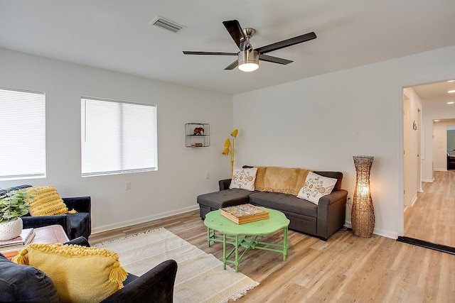 living room featuring ceiling fan and light hardwood / wood-style floors