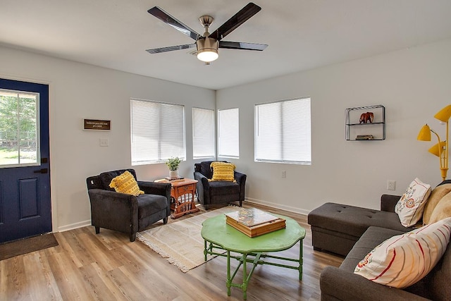 living room with ceiling fan and light hardwood / wood-style flooring