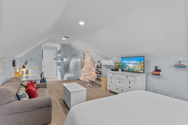 bedroom with lofted ceiling, light carpet, visible vents, and recessed lighting