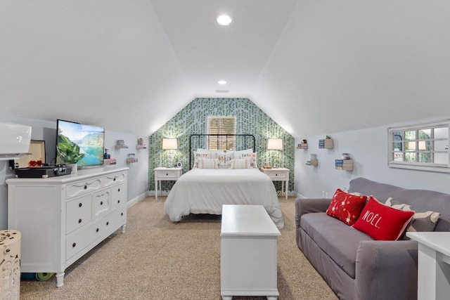 bedroom featuring lofted ceiling, recessed lighting, light colored carpet, visible vents, and baseboards