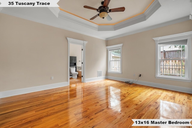 unfurnished room featuring a tray ceiling, a wealth of natural light, crown molding, and ceiling fan