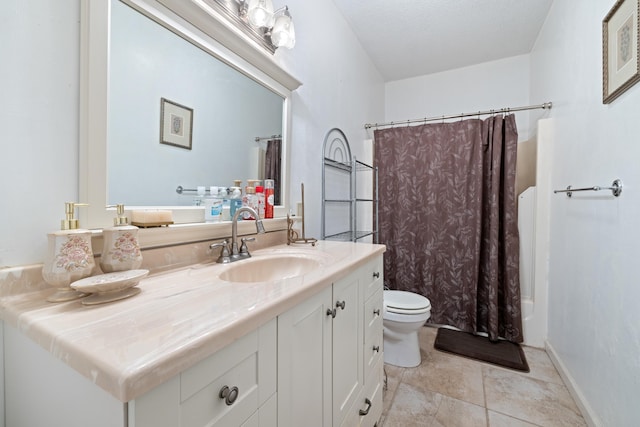 full bathroom featuring vanity, shower / tub combo, tile patterned floors, and toilet