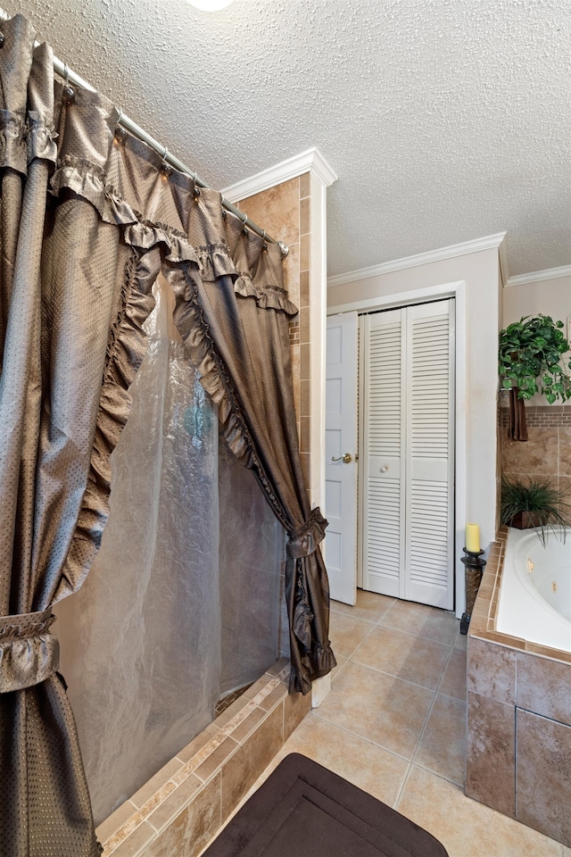 bathroom with tile patterned flooring, crown molding, a textured ceiling, and plus walk in shower