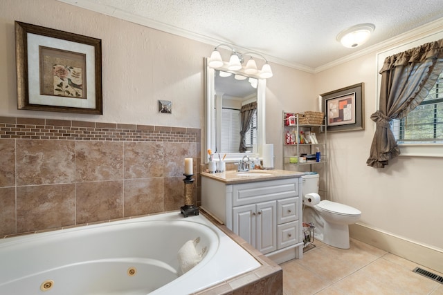 bathroom featuring crown molding, tile patterned floors, vanity, and a textured ceiling