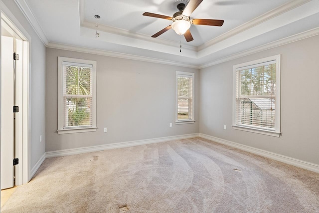 spare room with baseboards, ornamental molding, a raised ceiling, and light colored carpet