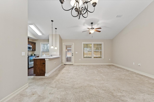 unfurnished living room with a ceiling fan, lofted ceiling, light colored carpet, and baseboards