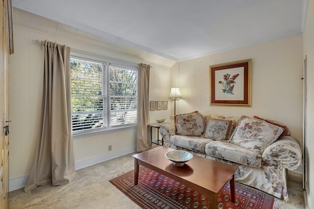 living room with crown molding