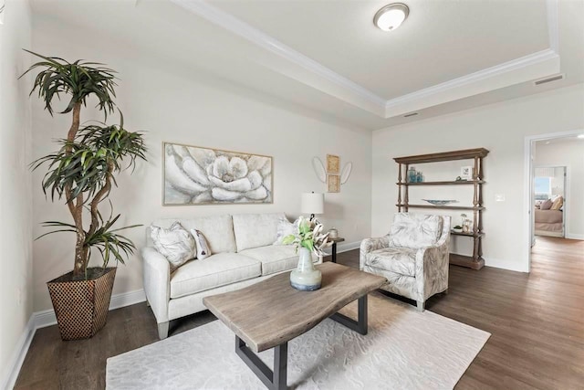 living room featuring dark wood-type flooring, crown molding, and a raised ceiling