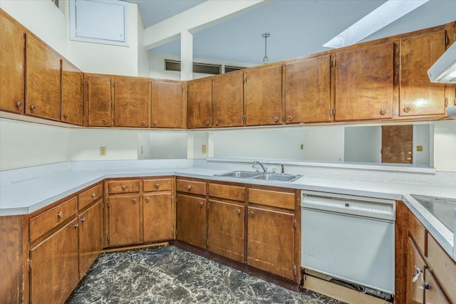 kitchen featuring ventilation hood, dishwasher, lofted ceiling, and sink