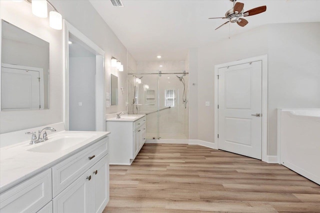 bathroom featuring ceiling fan, vanity, a shower with shower door, and wood-type flooring