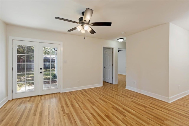 unfurnished room with light wood-type flooring, french doors, and ceiling fan