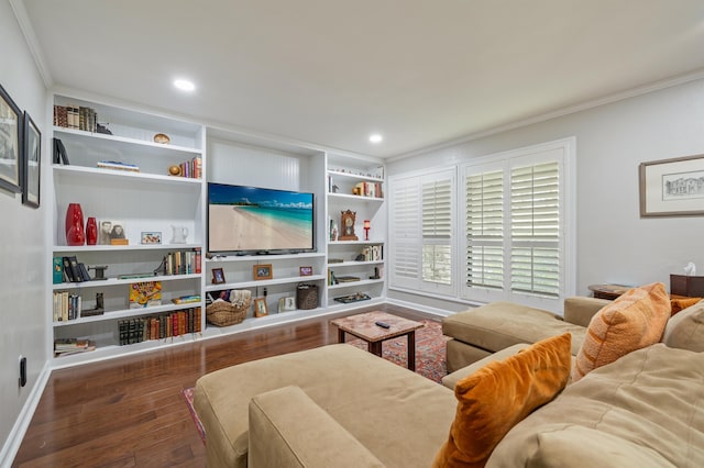 living room with built in features, recessed lighting, crown molding, and wood finished floors