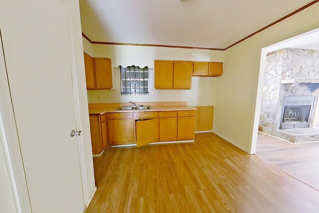 452-BN Railroad Cir, Boston, GA 31626 - kitchen featuring a sink, crown molding, light wood-type flooring, light countertops, and brown cabinetry
