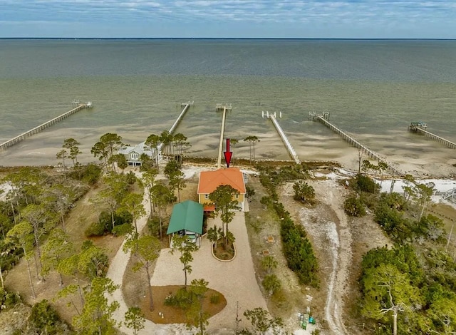 drone / aerial view featuring a water view