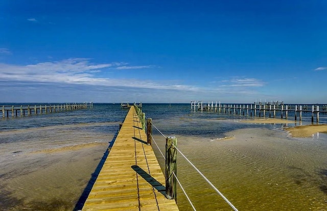 dock area featuring a view of the beach and a water view