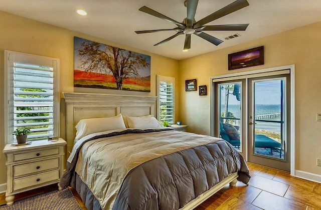 bedroom with access to outside, ceiling fan, and french doors