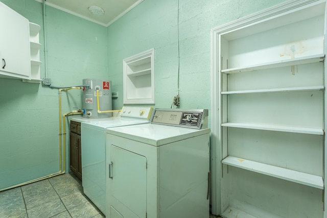 253 Prado St, Apalachicola, FL 32320 - laundry room featuring water heater, separate washer and dryer, cabinet space, and ornamental molding