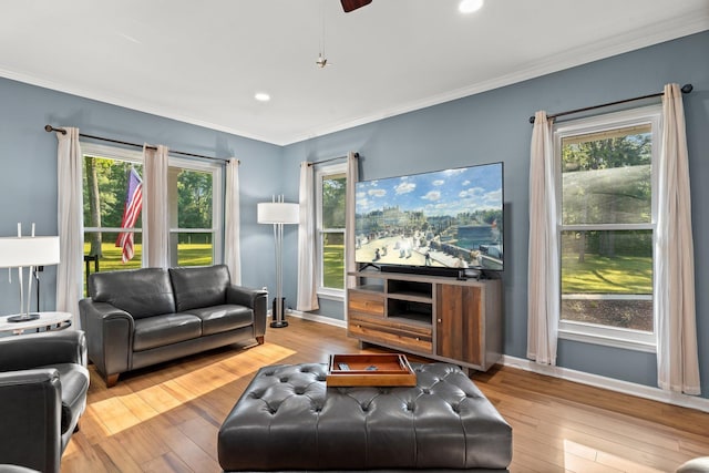 1094 Paul Thompson Rd, Monticello, FL 32344 - living area with wood-type flooring, ornamental molding, baseboards, recessed lighting, and a ceiling fan