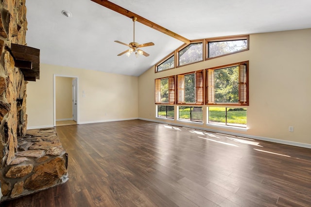 4054 Mcleod Dr, Tallahassee, FL 32303 - unfurnished living room featuring a ceiling fan, beamed ceiling, wood finished floors, and high vaulted ceiling